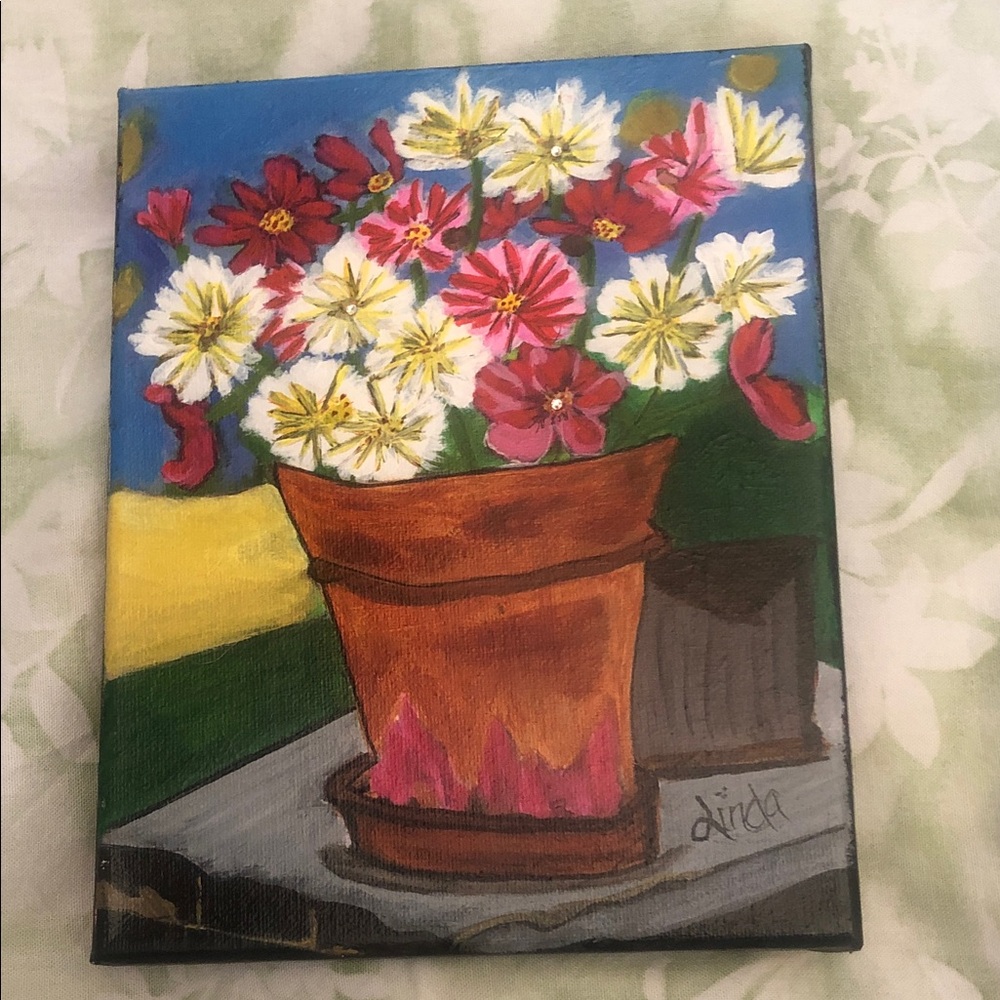 Floral Still Life Painting with Terracotta Pot - Pink & White Blooms